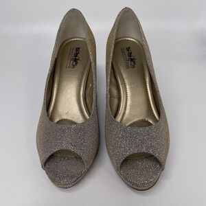 Coach and Four Women Size 7.5 Silver Gold Sparkle Open Peep Toe Pumps Heel Shoe